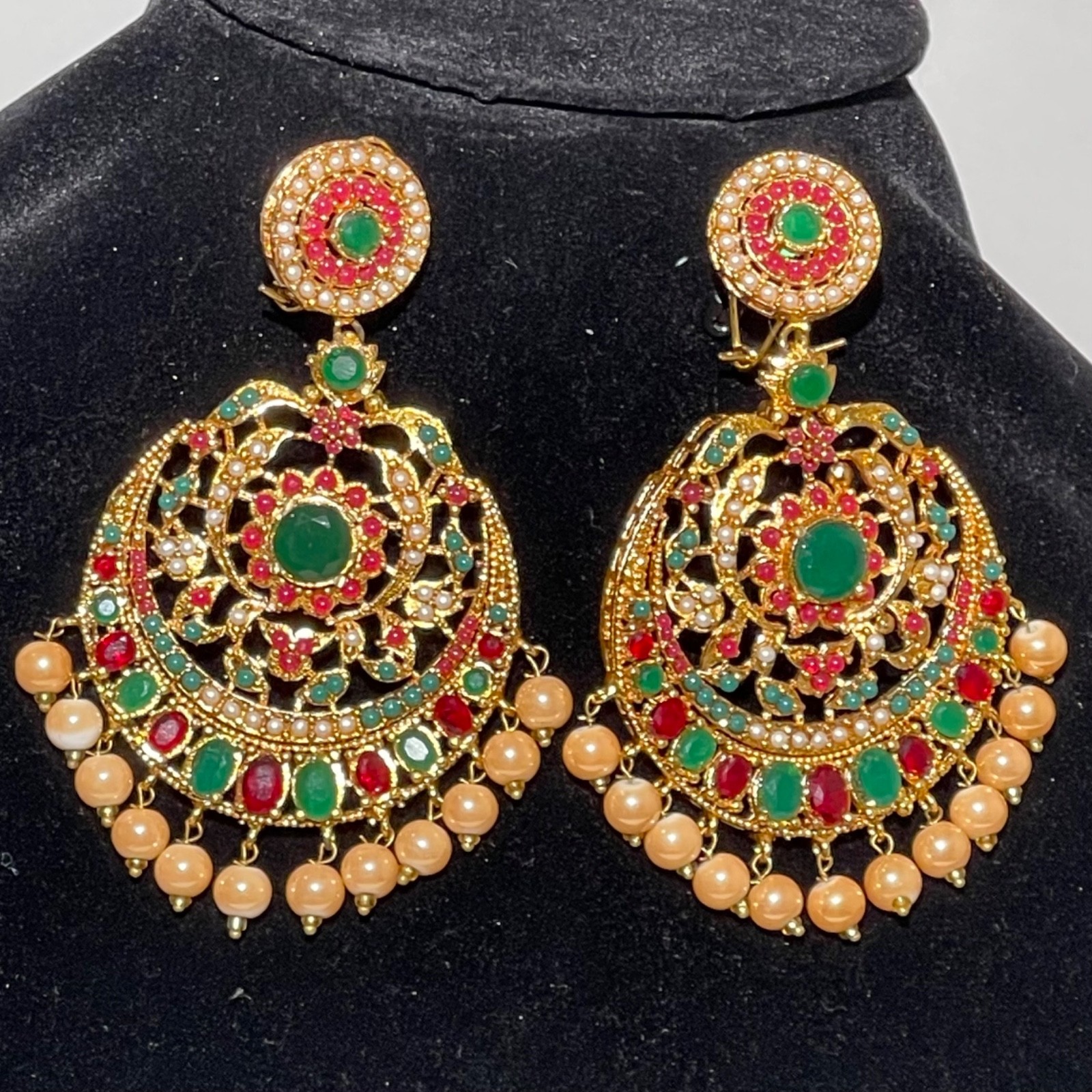Jadau Hyderabadi Indian Red Ruby Green Emerald Pearl Chandelier Earrings