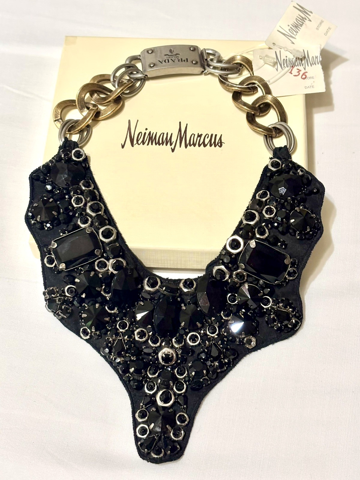 Prada Statement Necklace Black Stones Metal Chain NWT Neiman Marcus Rare Runway