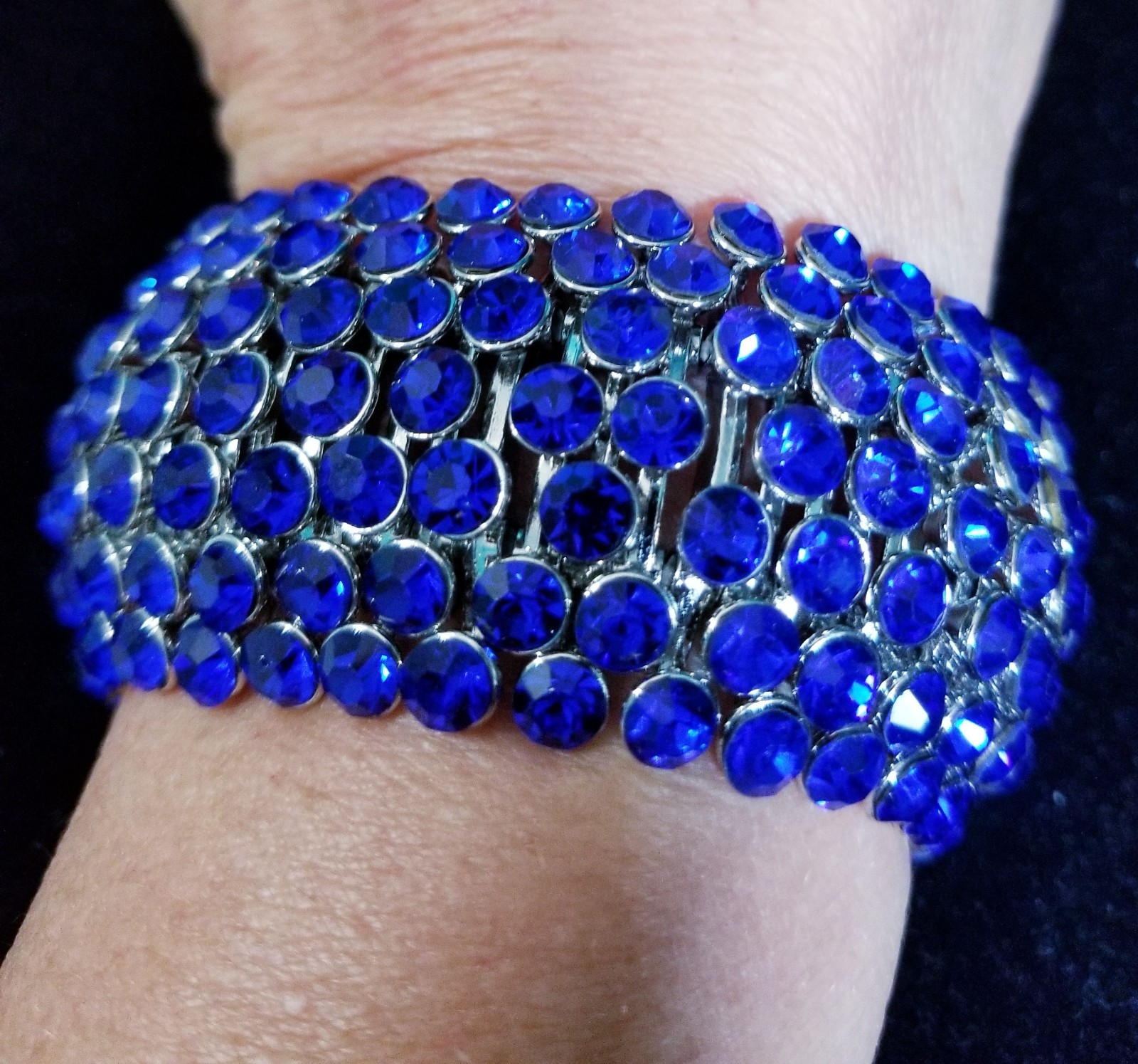 Blue Silver Rhinestone Stretch Bracelet Crystal Pageant Prom Drag Jewelry