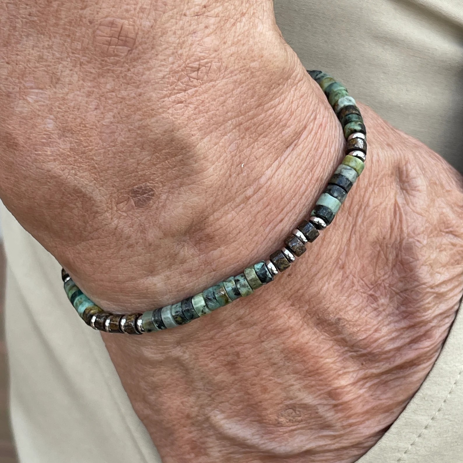 Men’s Beaded Bracelet,4mm African Turquoise Heishi with Stainless Accents Gift