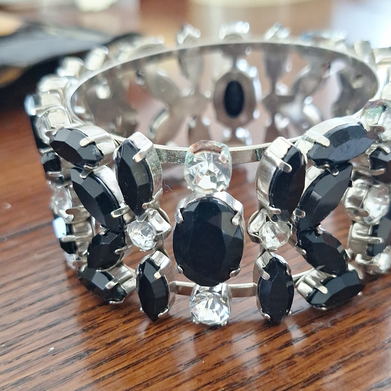 Vintage Black & Clear Rhinestone Silver-Tone Wide Cuff Bangle Bracelet.