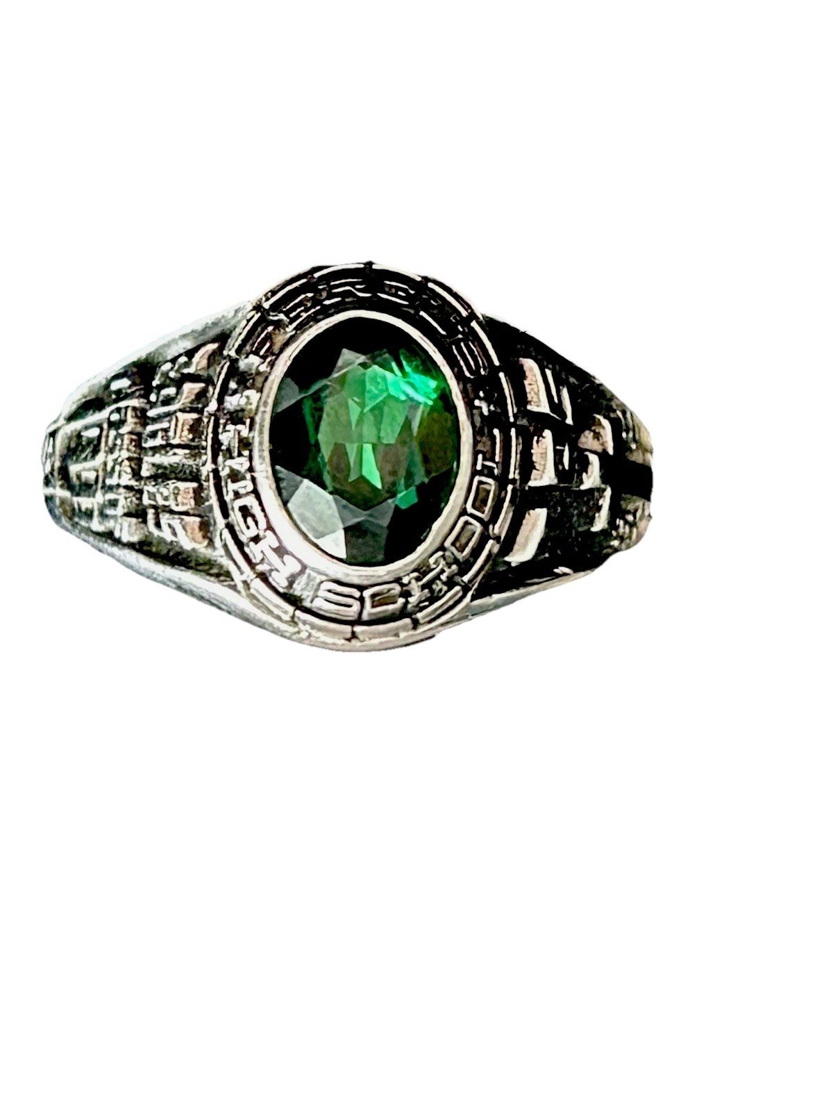 1999 JOSTENS Silver Fergus High Ring Emerald Green Stone Signed Sz 9 Mint In Box