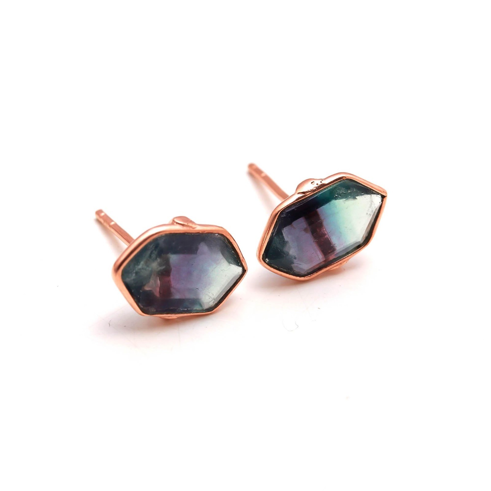 Natural Fluorite Hexagon Stud Earrings Rose Gold Plated Solid Silver Jewelry