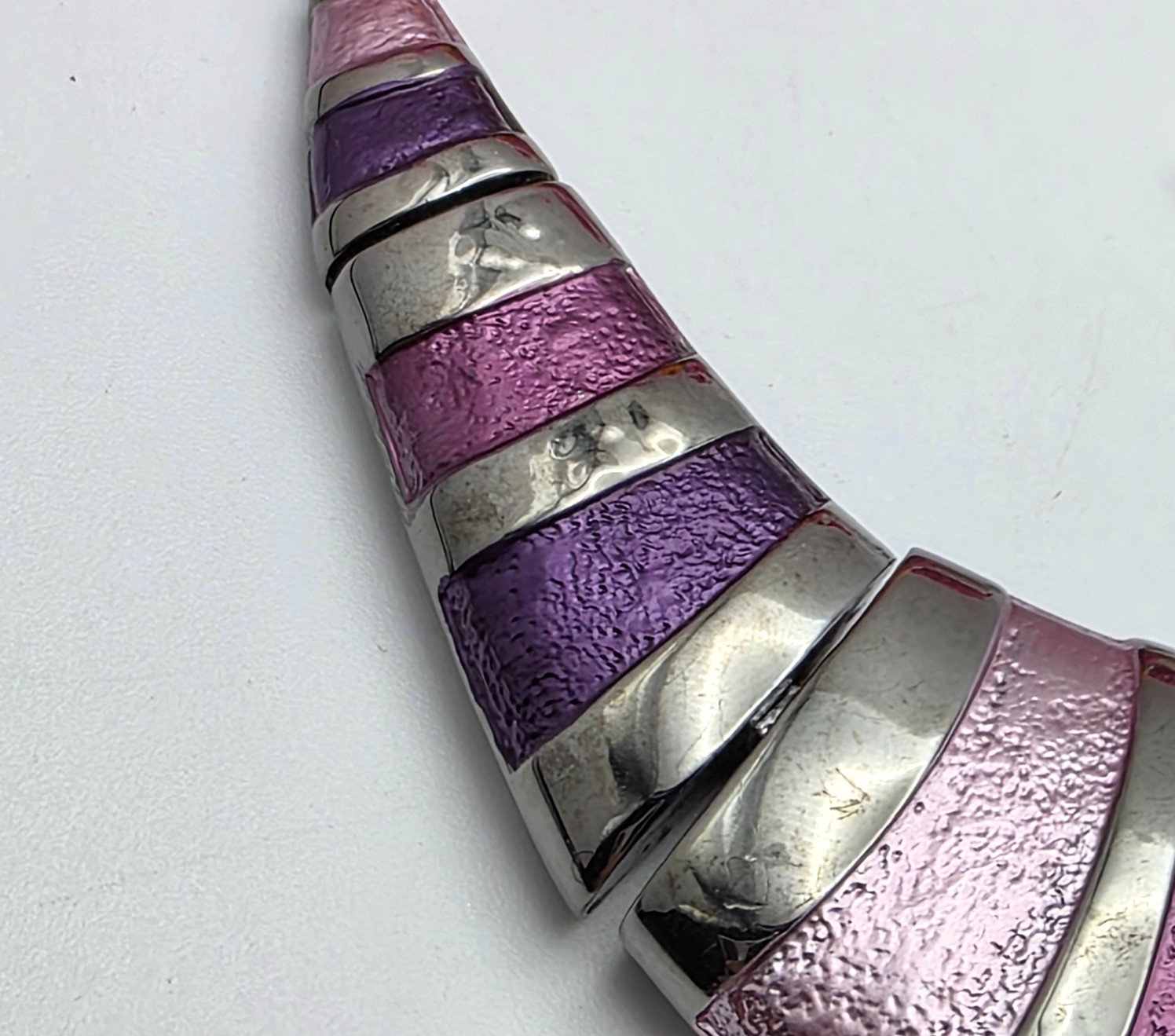 Purple Enamel Statement Necklace Gunmetal Tone Geometric Bib Collar 19 in adj.