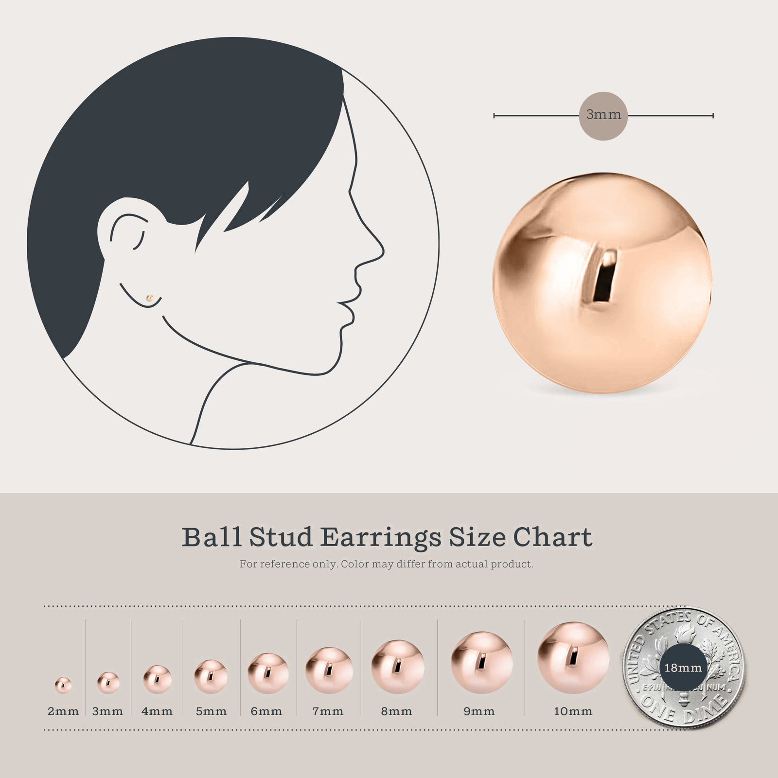 Rose Gold over 925 Silver High Polish Smooth Round Ball Stud Earring 3-Size Set