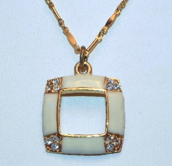 Cream Enamel Rhinestone Pendant Gold Tone 17″ Chain Necklace by Leila Jewelry