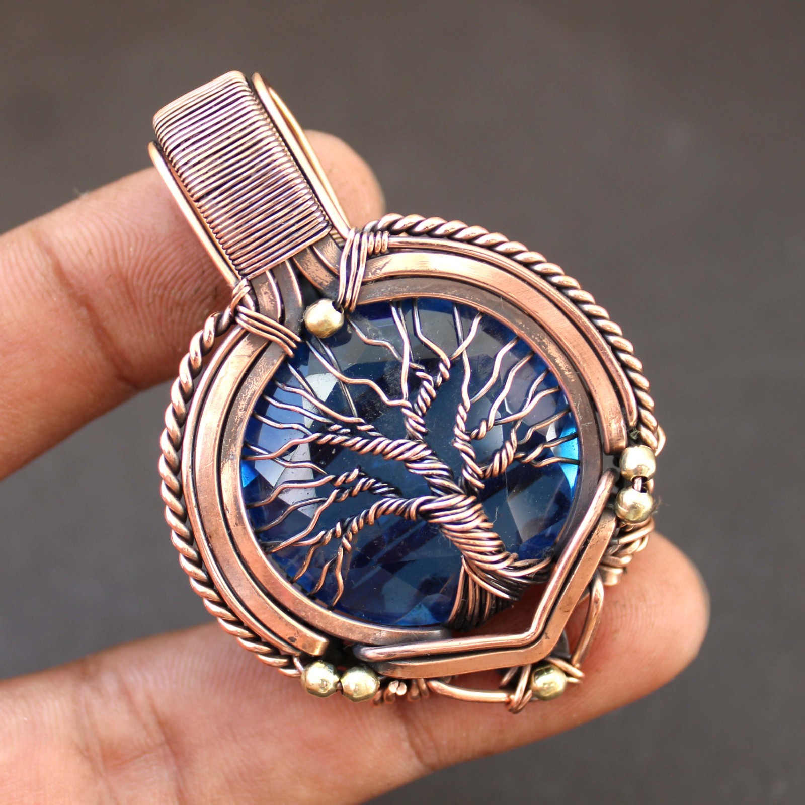 Blue Topaz Copper Wire Wrapped Tree Of Life Pendant With Chain Handmade Jewelry