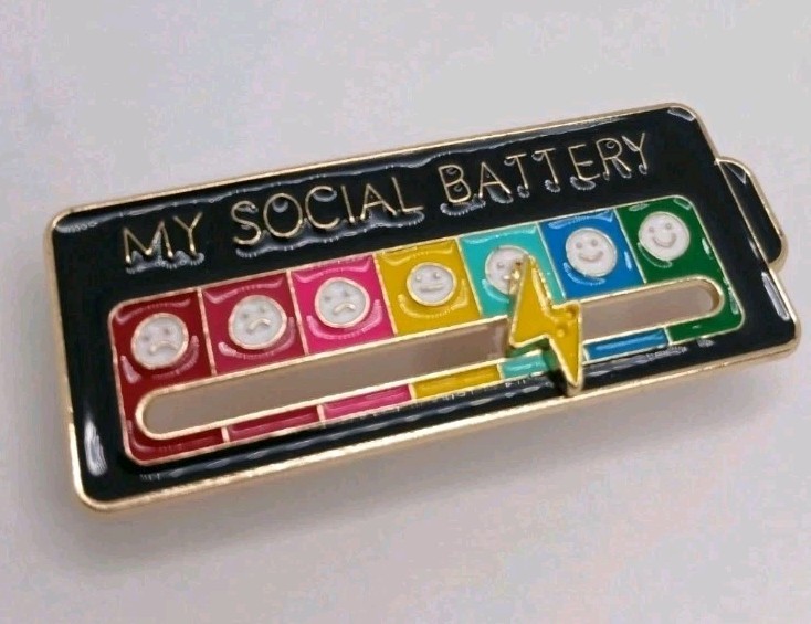 “My Social Battery” Enamel Metal Lapel Pin/Brooch 2-Pack White & Black