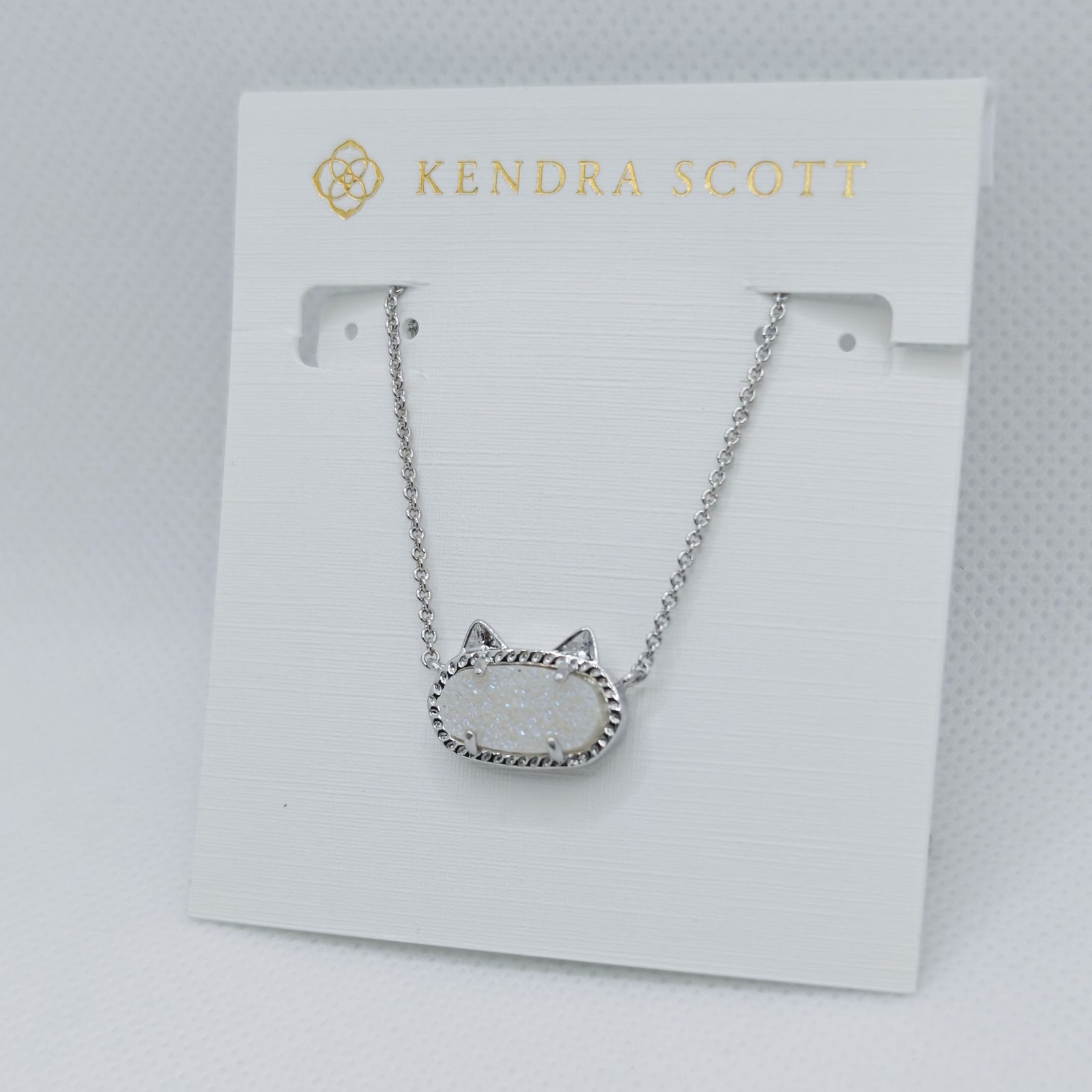 New Kendra Scott Elisa Cat Silver Pendant Necklace In Iridescent White Drusy