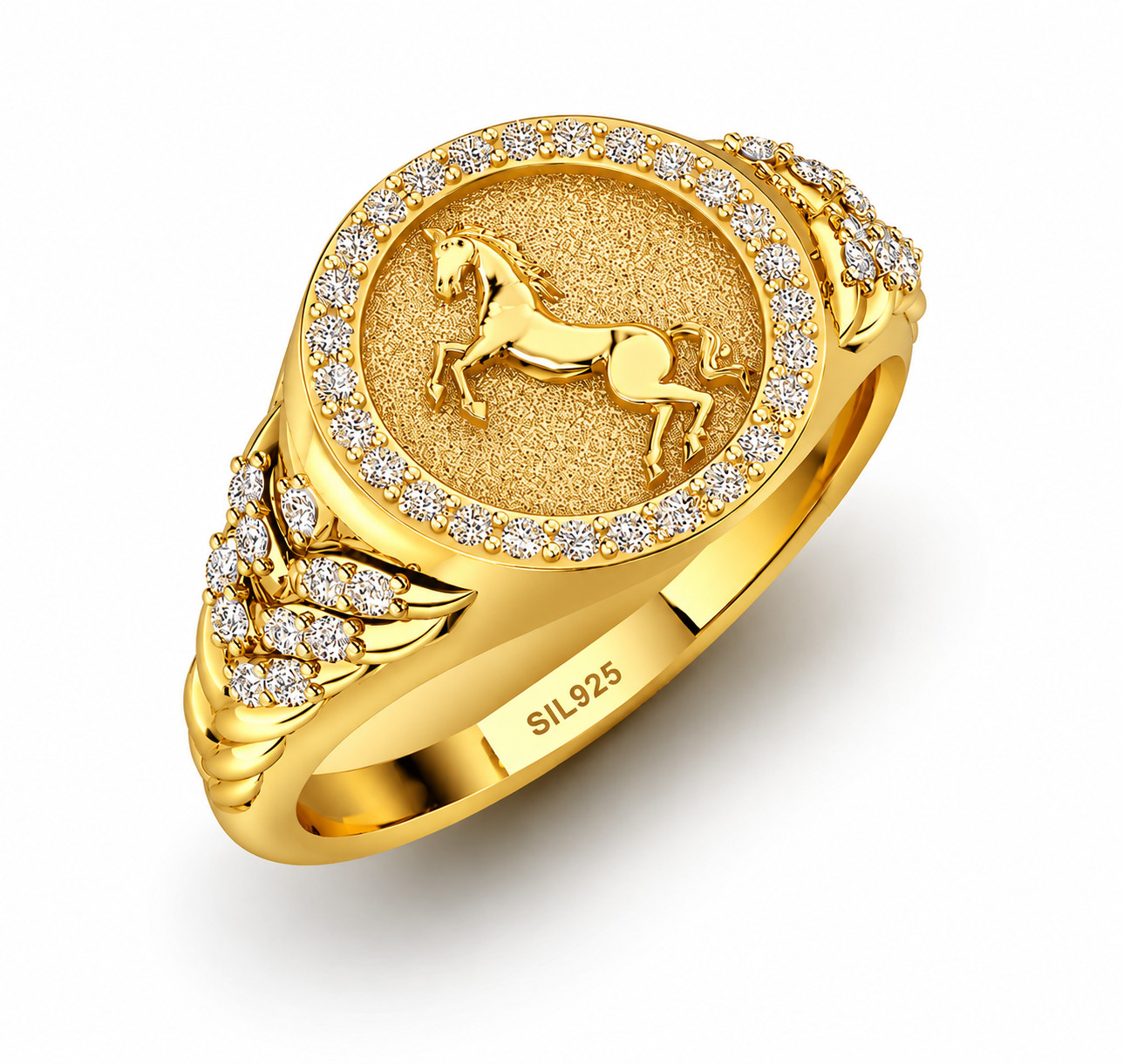 925 Sterling Silver Horse Signet Ring Moissanite Platinum Finish Custom