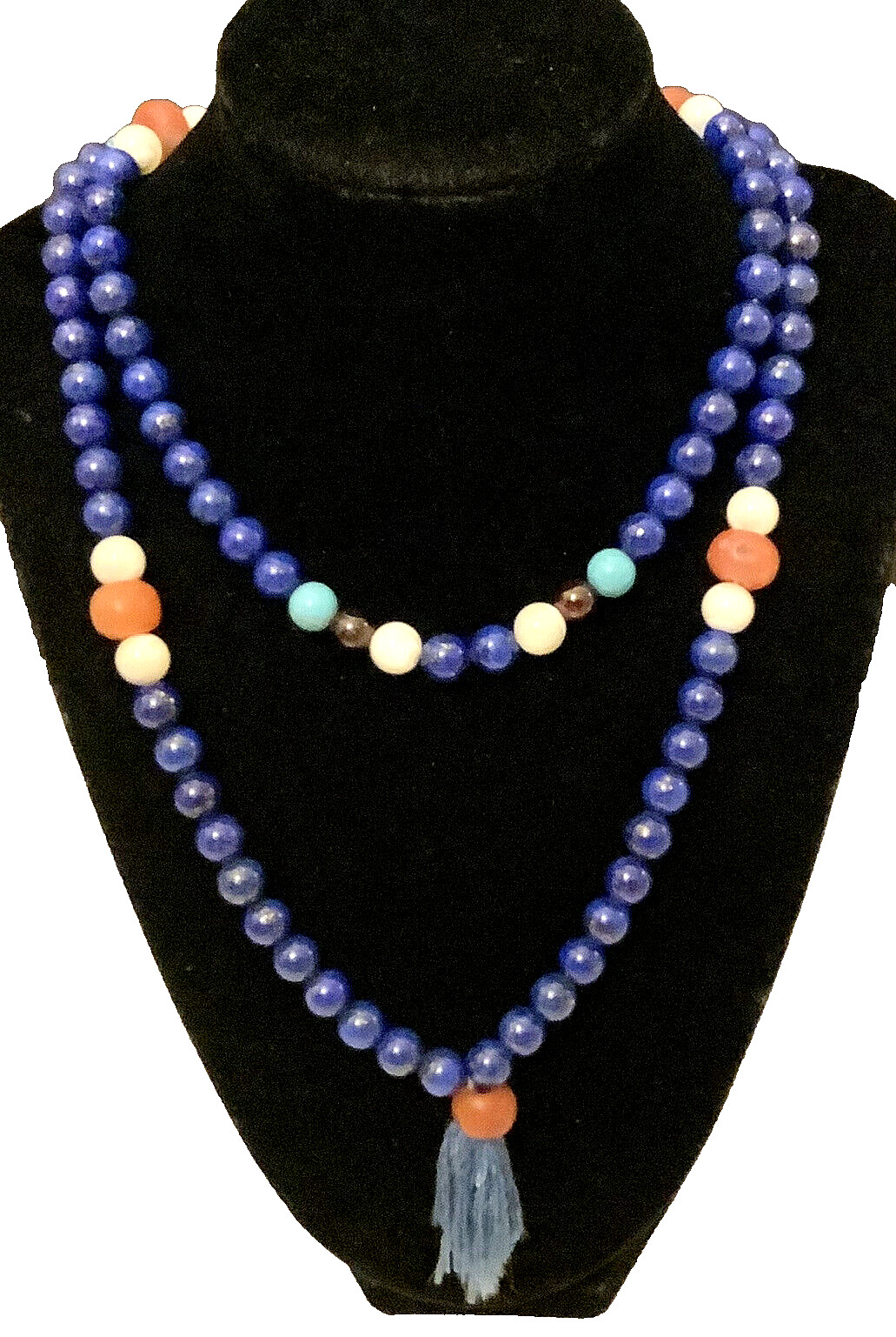 36″ GEMSTONE Tassel Necklace LAPIS LAZULI w /Genuine CARNELIAN TURQUOISE & MOP