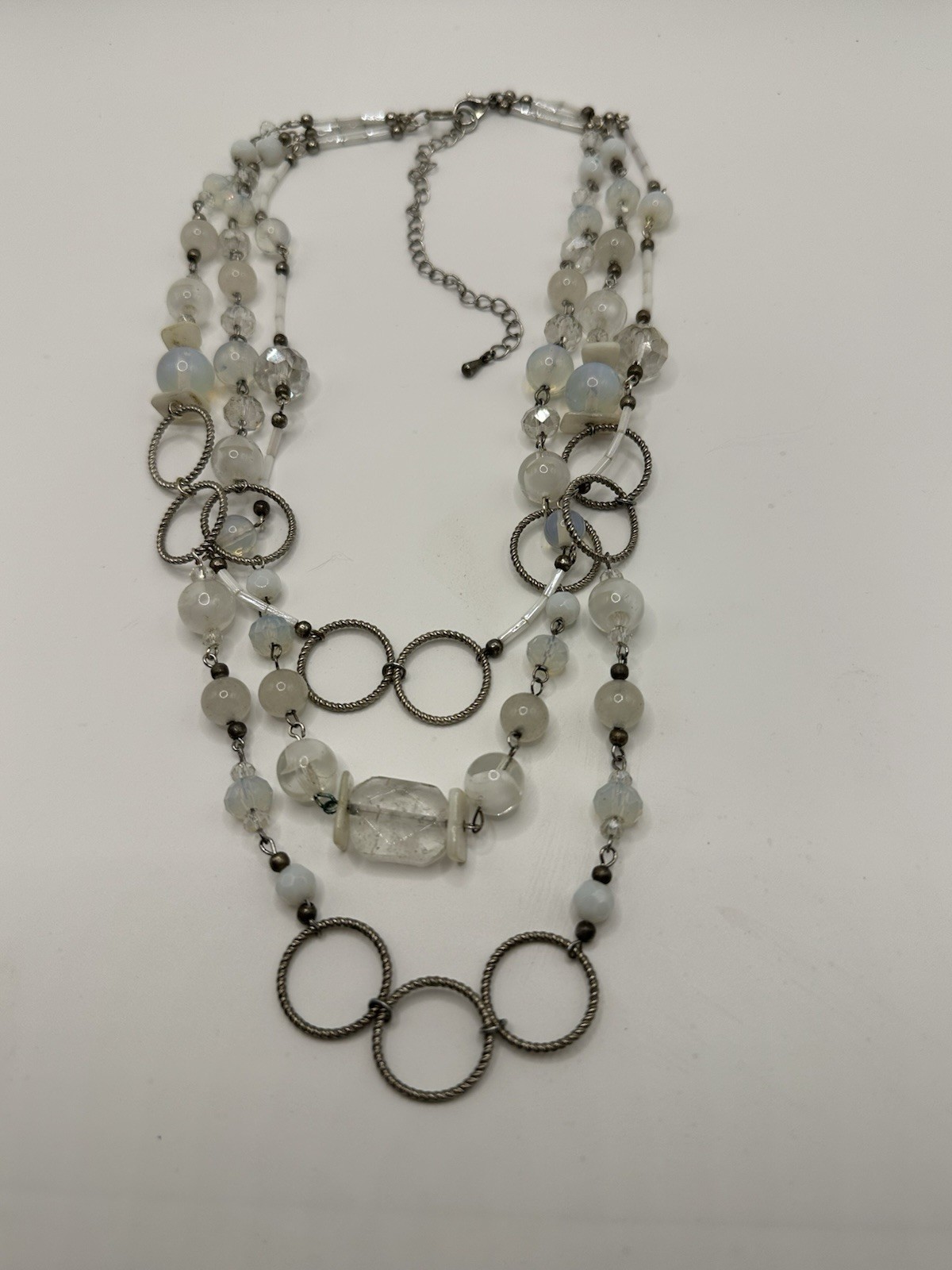 Multi Strand White Clear Opalescent Glass Beaded And Metal Necklace 16”