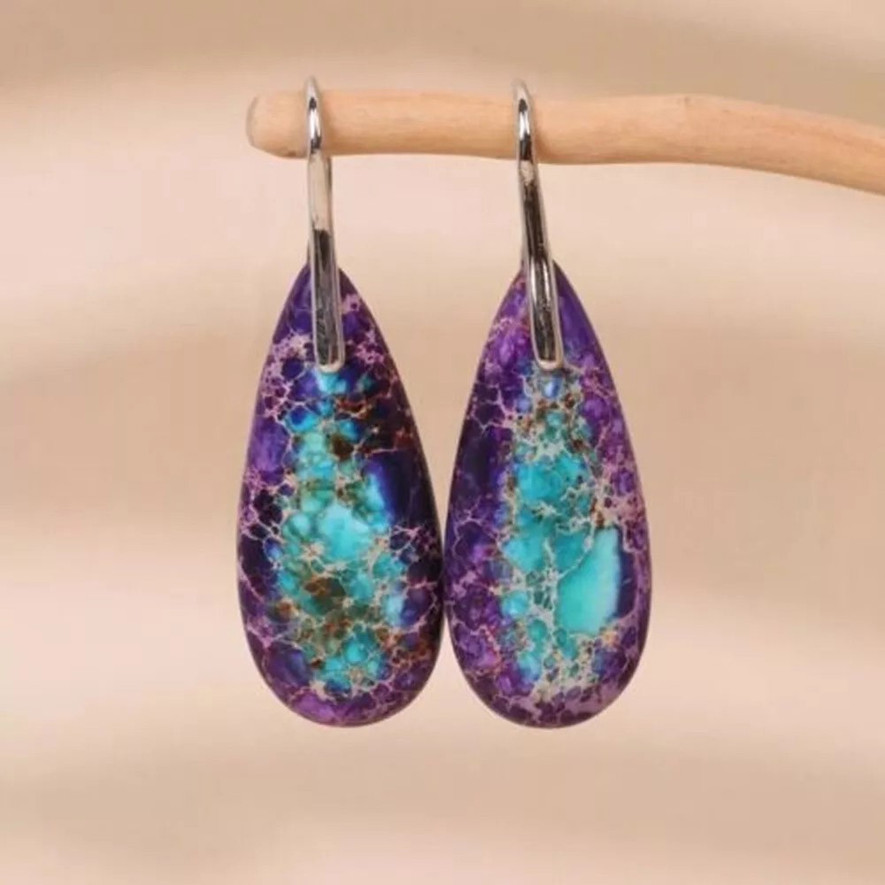 Drop Earring Natural Imperial Jasper Stone Teardrop Dangle Earrings Silver Hook