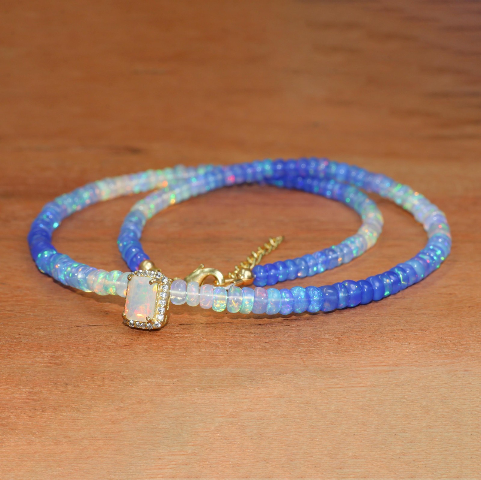 Blue Shaded Opal Smooth Bead Charm Necklace, Genuine Octagon Opal Charm Necklace