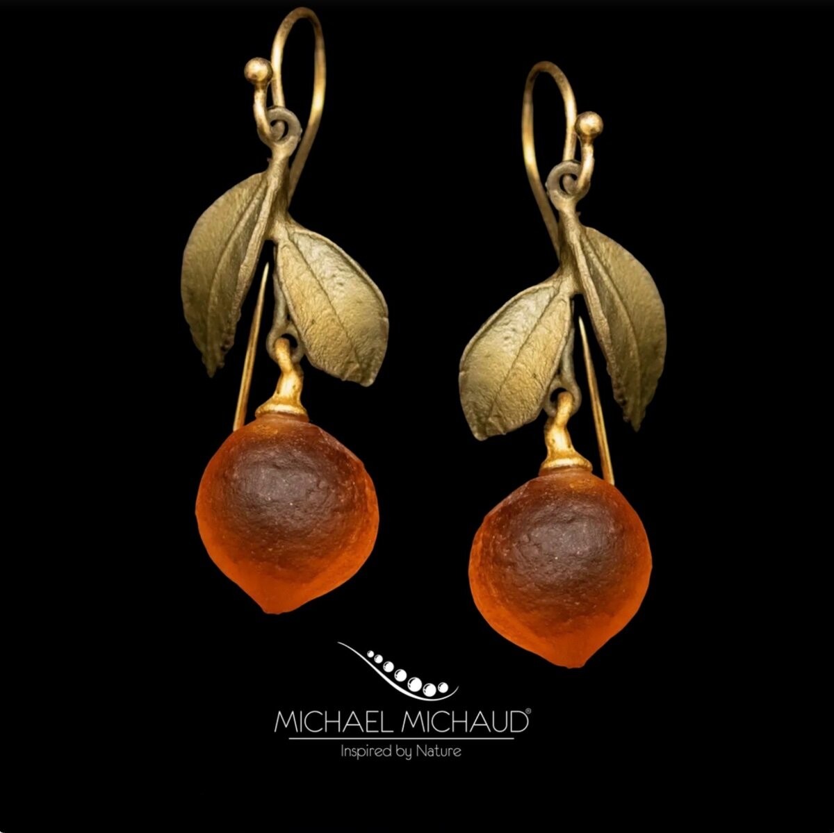 Michael Michaud Orange Leaf Earrings Drop Handcast Botanical Jewelry Nature Gift