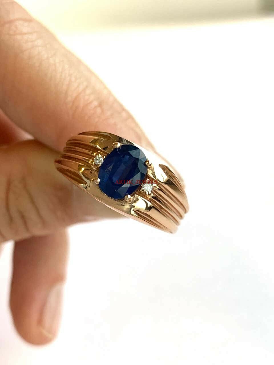 Heated Blue Sapphire Gemstone With 14K Rose Gold Plated Silver Ring for Men’s #3