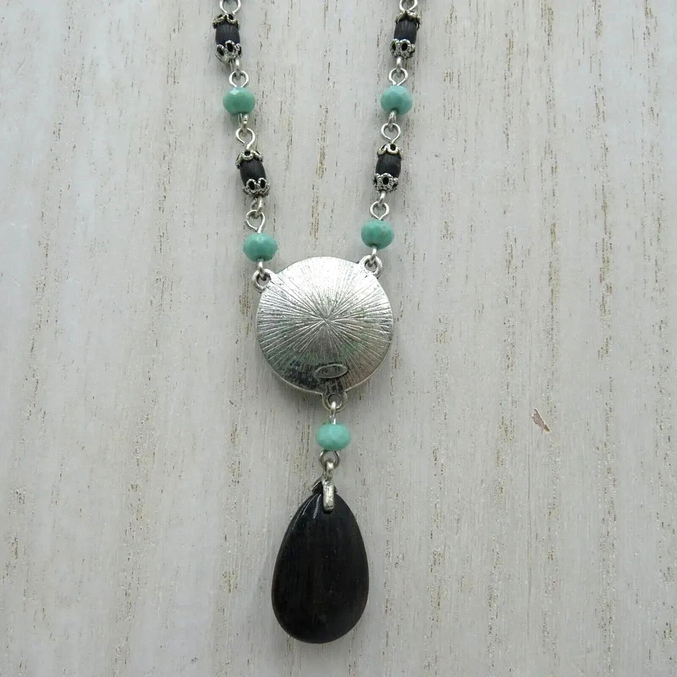 Nina Ricci Signed Pendant Necklace Silver Tone Turquoise Bead Teardrop Filigree