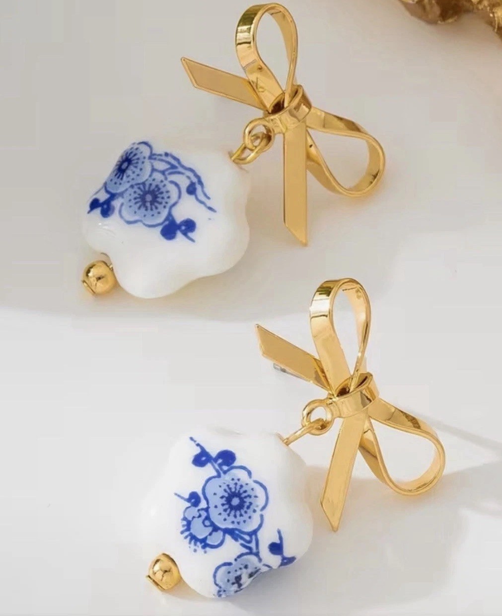 Elegant Porcelain Pendant Earrings Blue White, Vintage, Flower, Bow