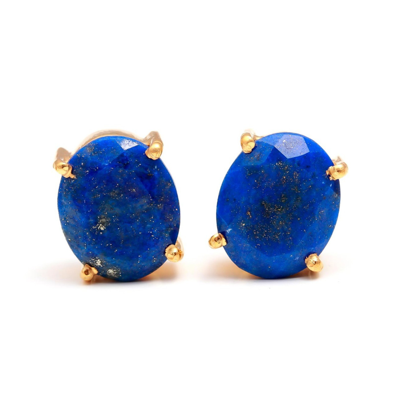 Natural Lapis Lazuli Oval Stud Earrings Gold Plated 925 Sterling Silver Jewelry
