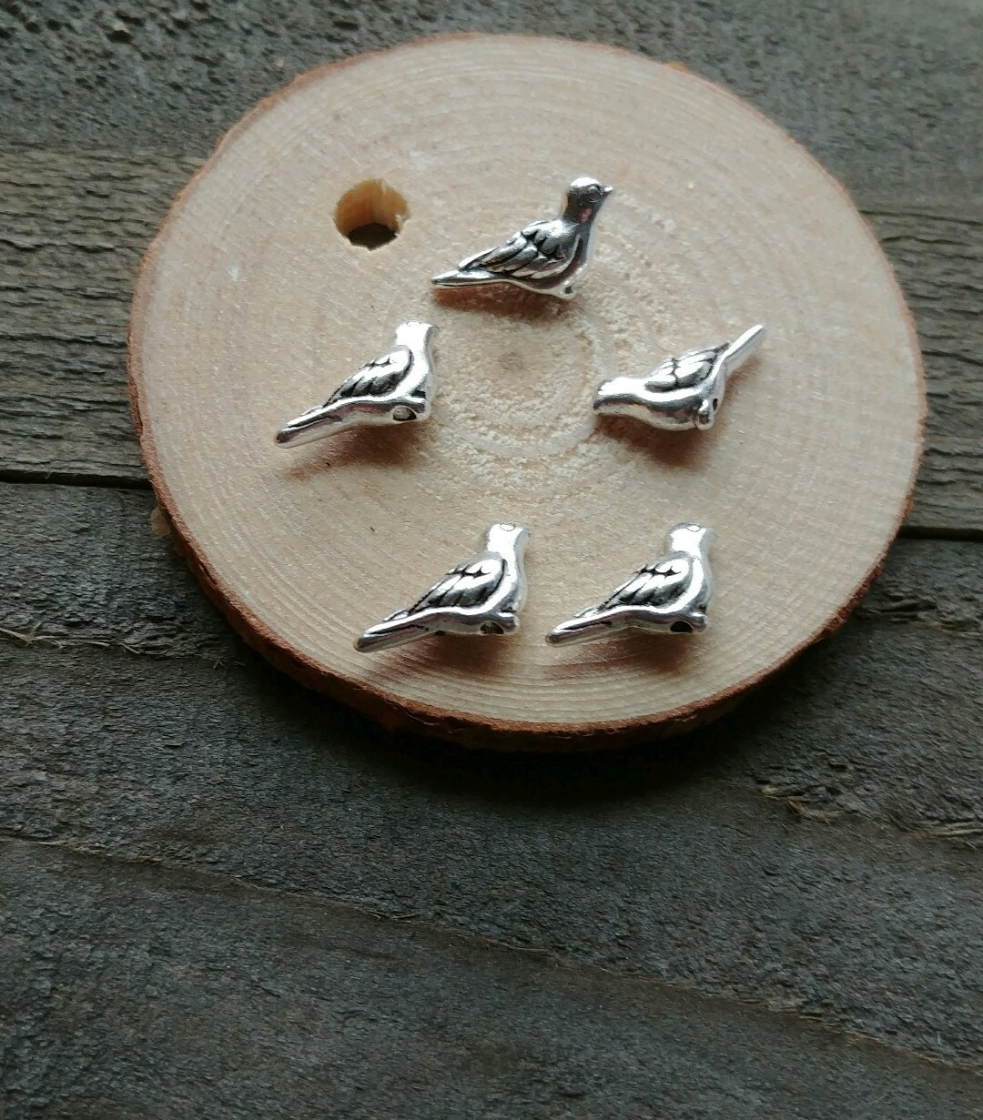 5 Tiny Bird Beads Charms Metal Antiqued Silver 3D 2 Sided Aviary Findings 14mm