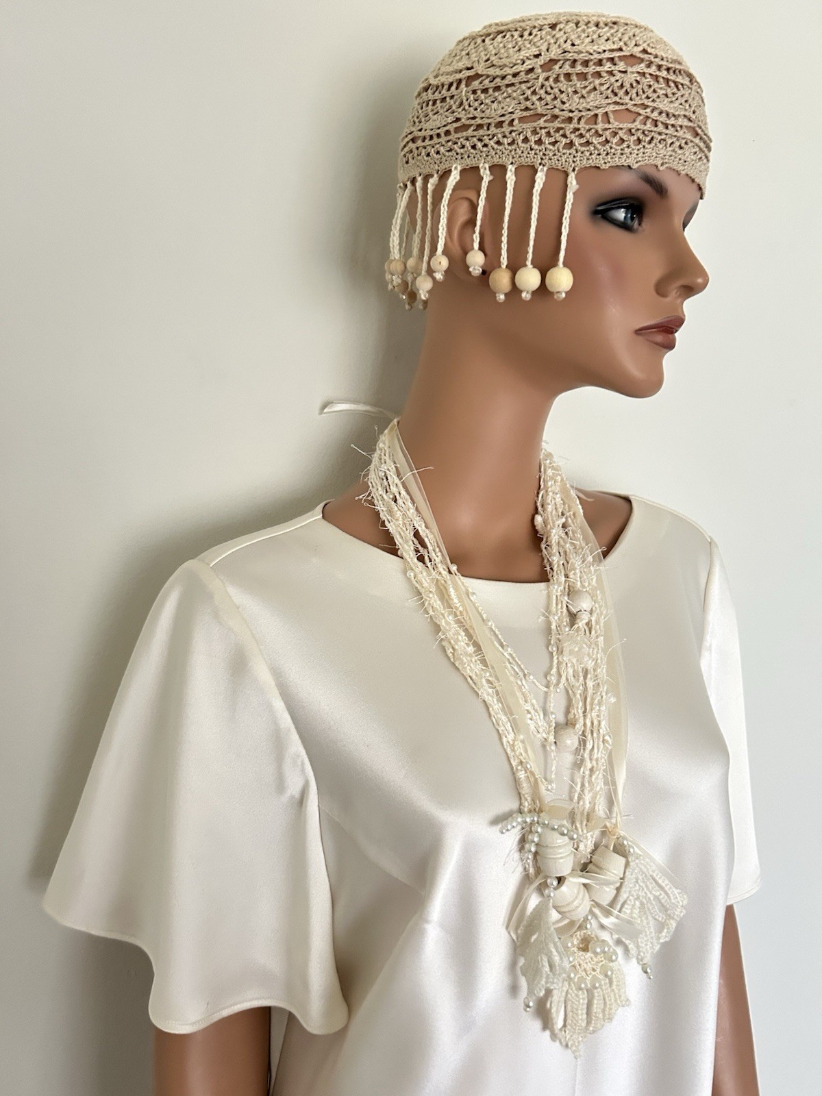 Ivory Layered Beaded Bib Charm Necklace Fabric Ribbon Bohemian Statement