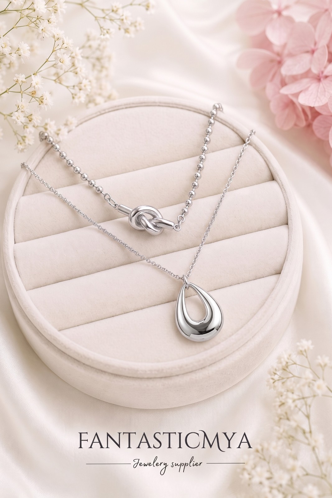 Stainless Steel 18K White Gold Plated Double Layer Knot Teardrop Pendant Chain