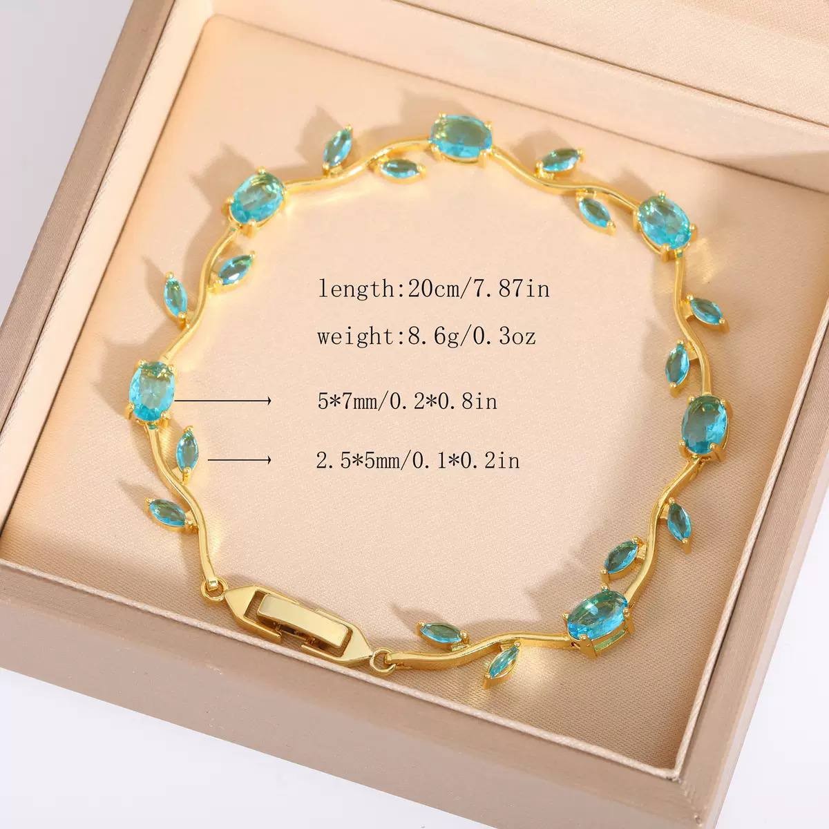 Gold Aqua Crystal Leaf Vine Bracelet Copper 20cm Fashion Jewelry
