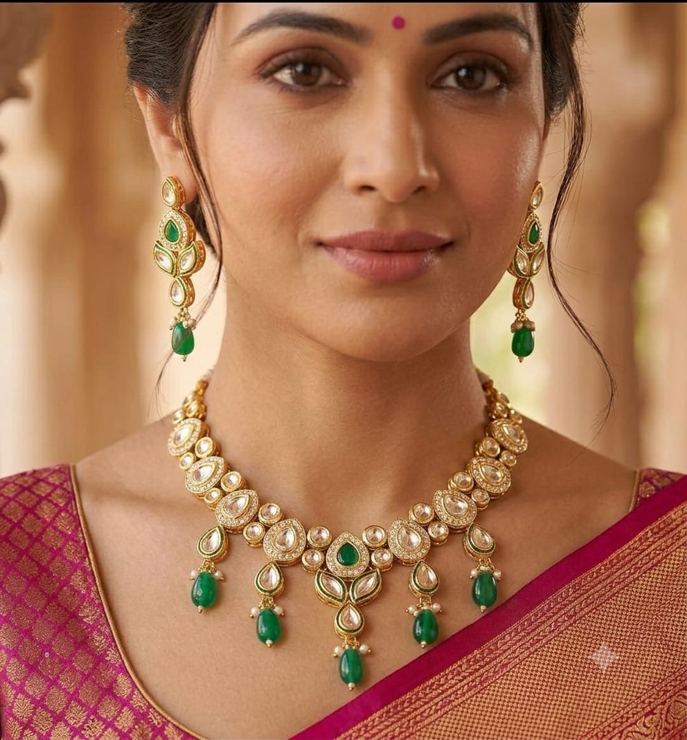 Product Name: 2PC Kundan Polki Necklace Set with Earrings