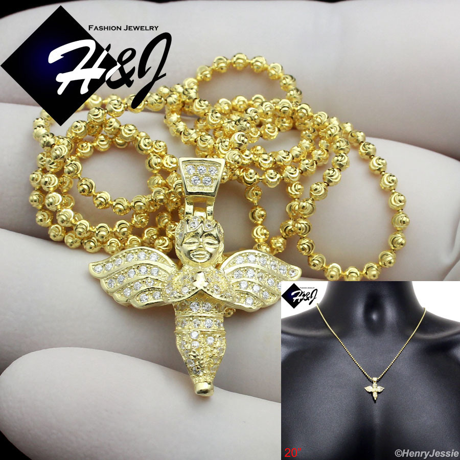 925 STERLING SILVER 20″X2MM GOLD PLATED CHAIN CUBIC ZIRCONIA ANGEL PENDANT*GP95