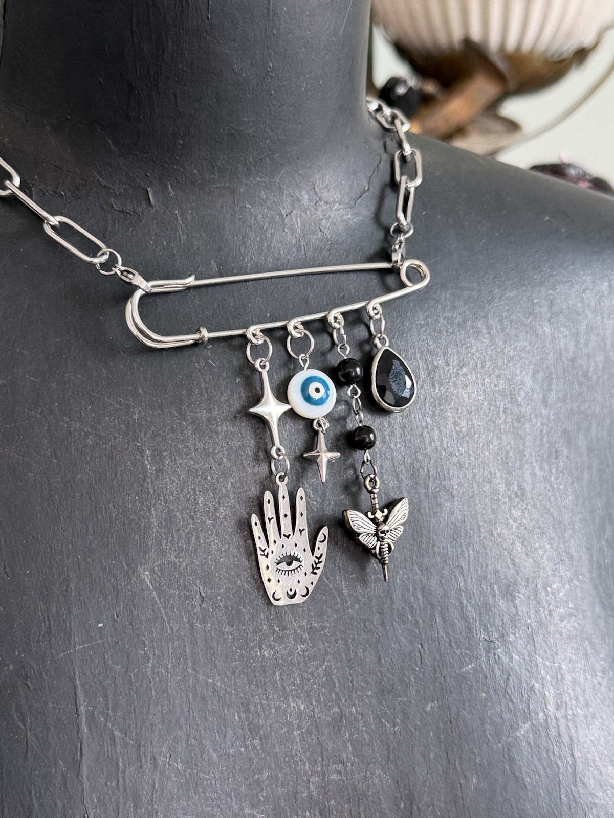 Protection Necklace Large Safety Pin Pendant Dangle Charm Charms brooch witchy