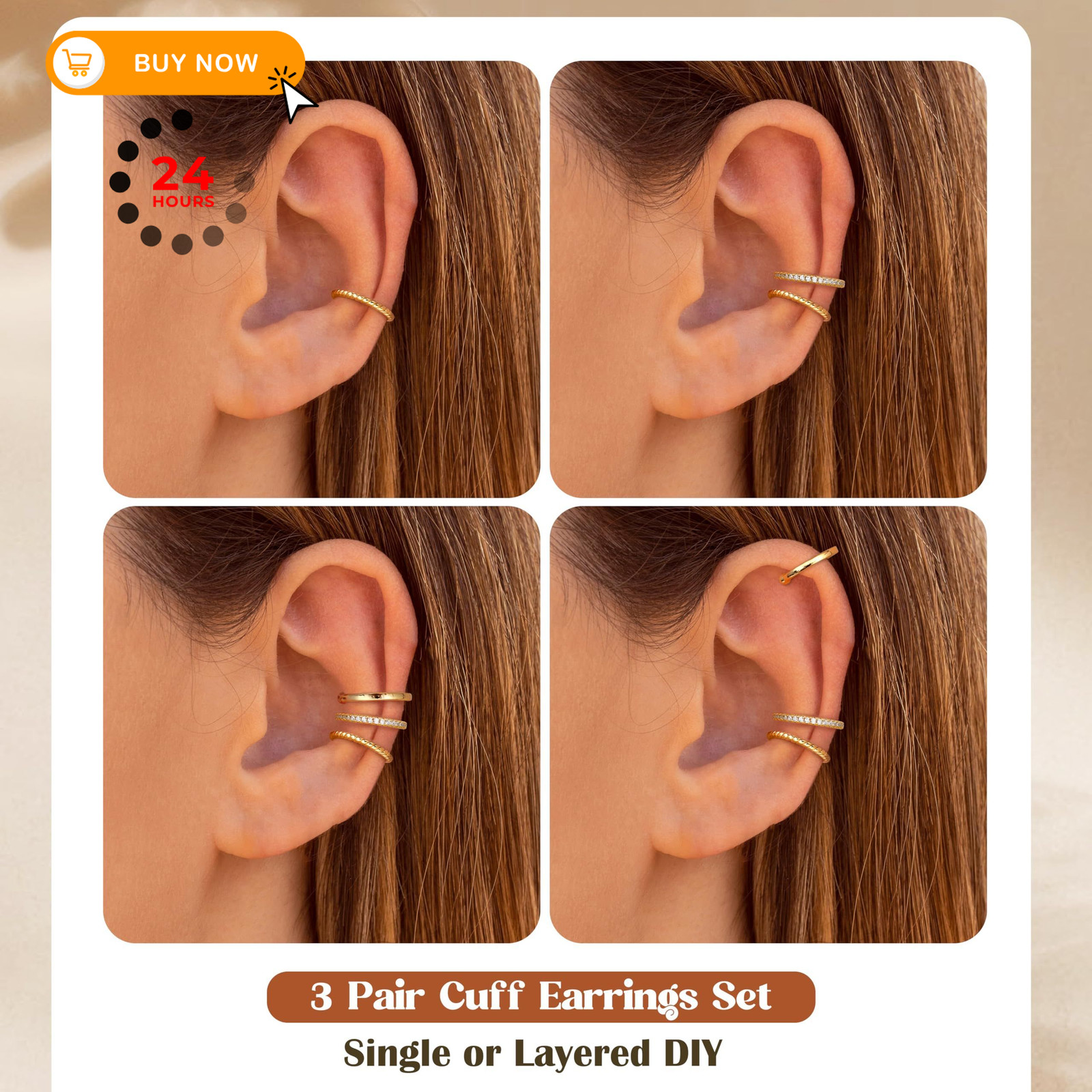 MILACOLATO 925 Sterling 10 millimeters, Classic-14K Gold Plated Ear Cuffs