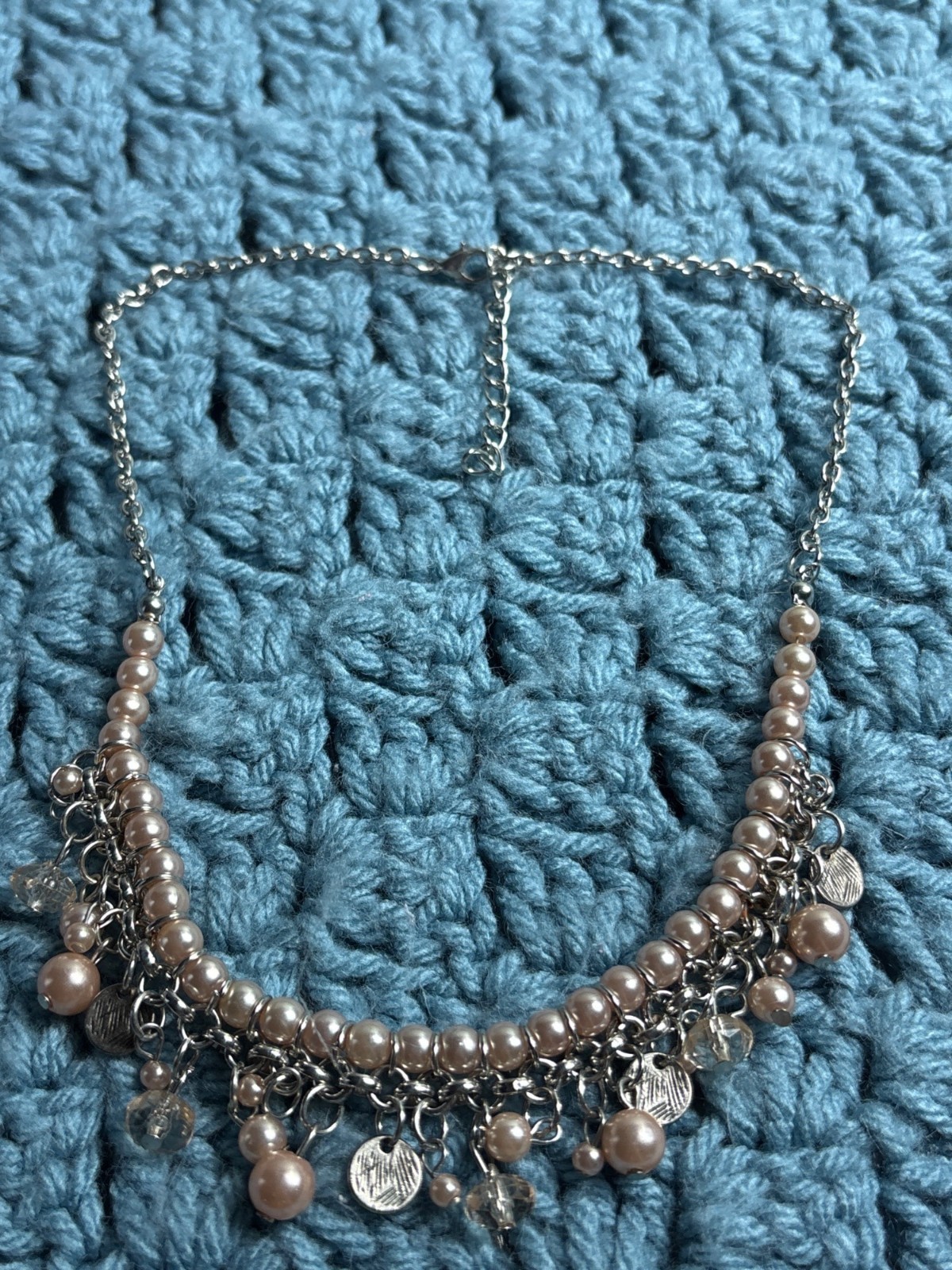 Faux Pearl Beaded Fringe Necklace Silvertone Textured Discs 17 – 19 inches Long