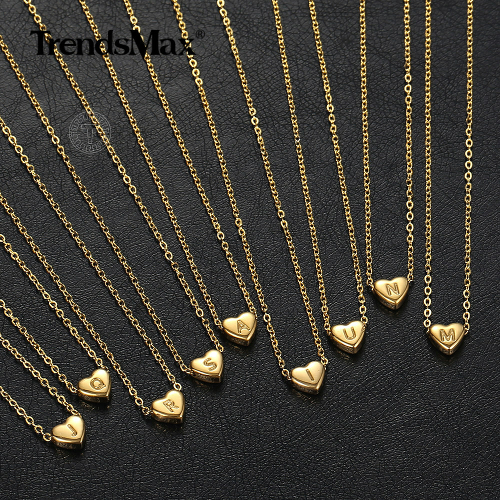 Gold Plated Stainless Steel Heart Initial Letter Pendant Necklace Choker 14-17″