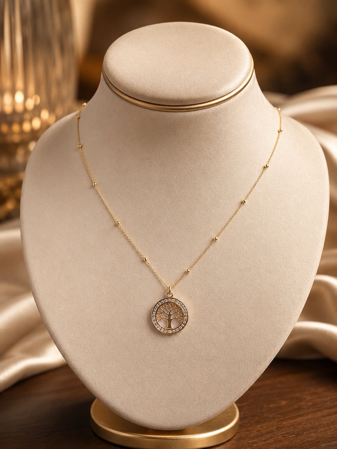 Gold Tone Yellow Gold Tree of Life Pavé CZ Round Pendant Necklace #71307 #81245