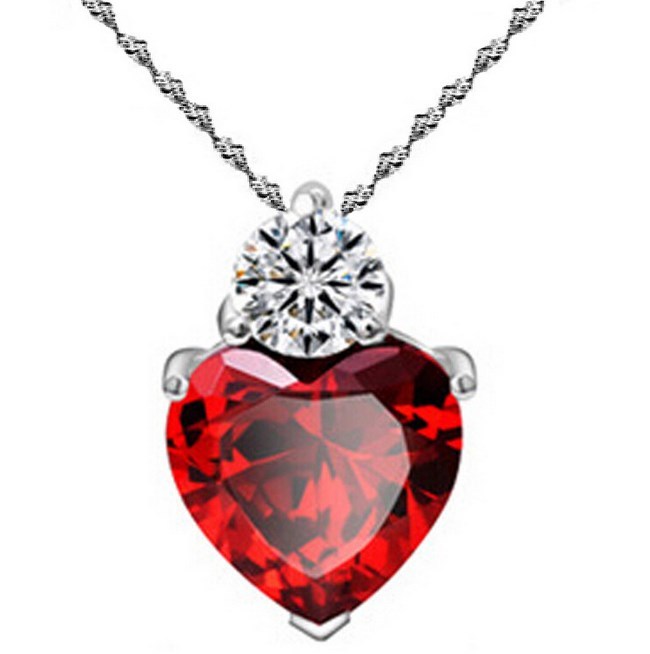 925 Sterling Silver Red Garnet Heart Cubic Zirconia Pendant Necklace Gift Box