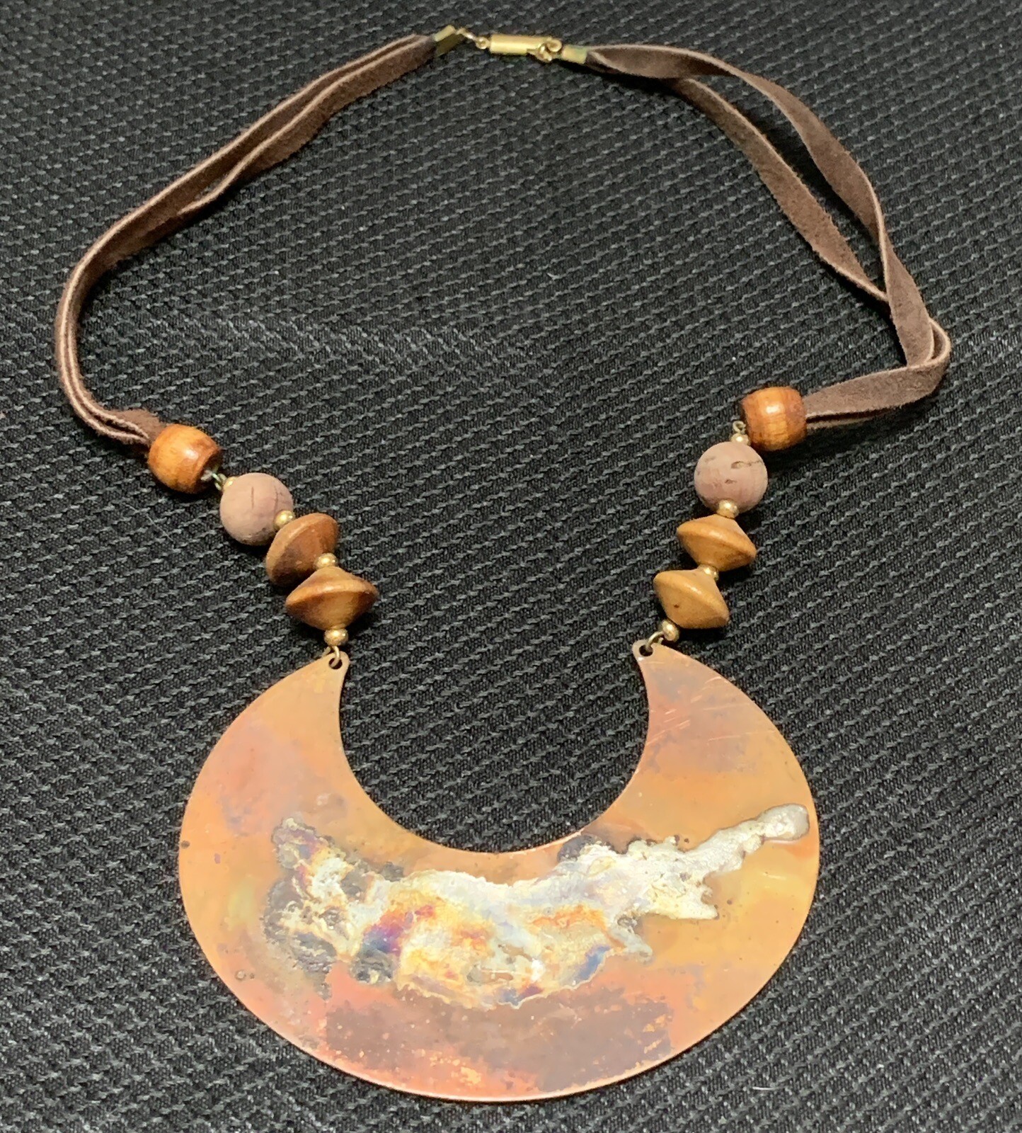 Vintage Artisan Solid Brass Metal Half Moon Collar Necklace Suede & Wood Beads