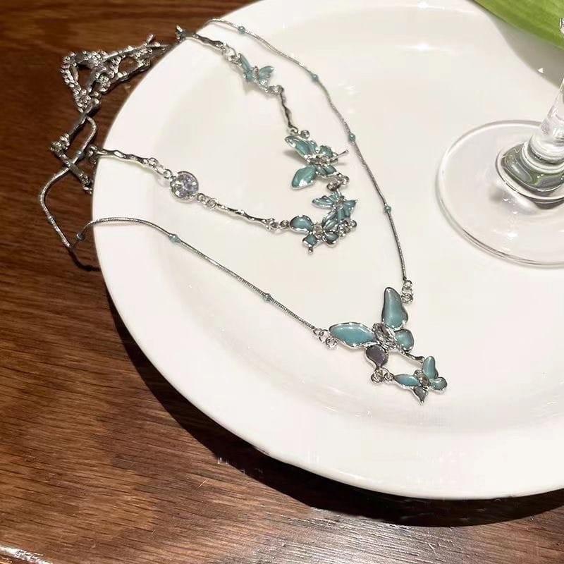 Blue Butterfly Necklace Bracelet Set for Women Zircon Pendant Necklace Jewelry