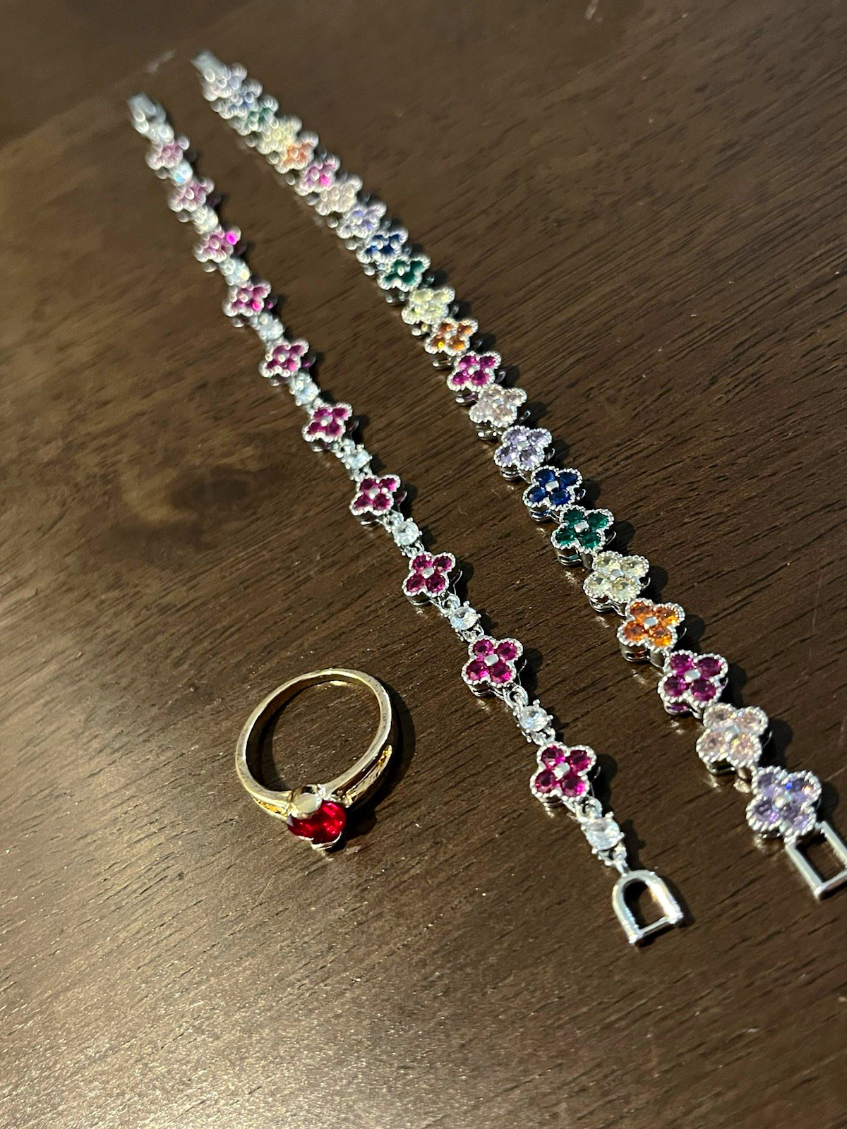 Silver Tone Flower Link Bracelet w/ Multicolor Crystal Stones Fold Over Clasp