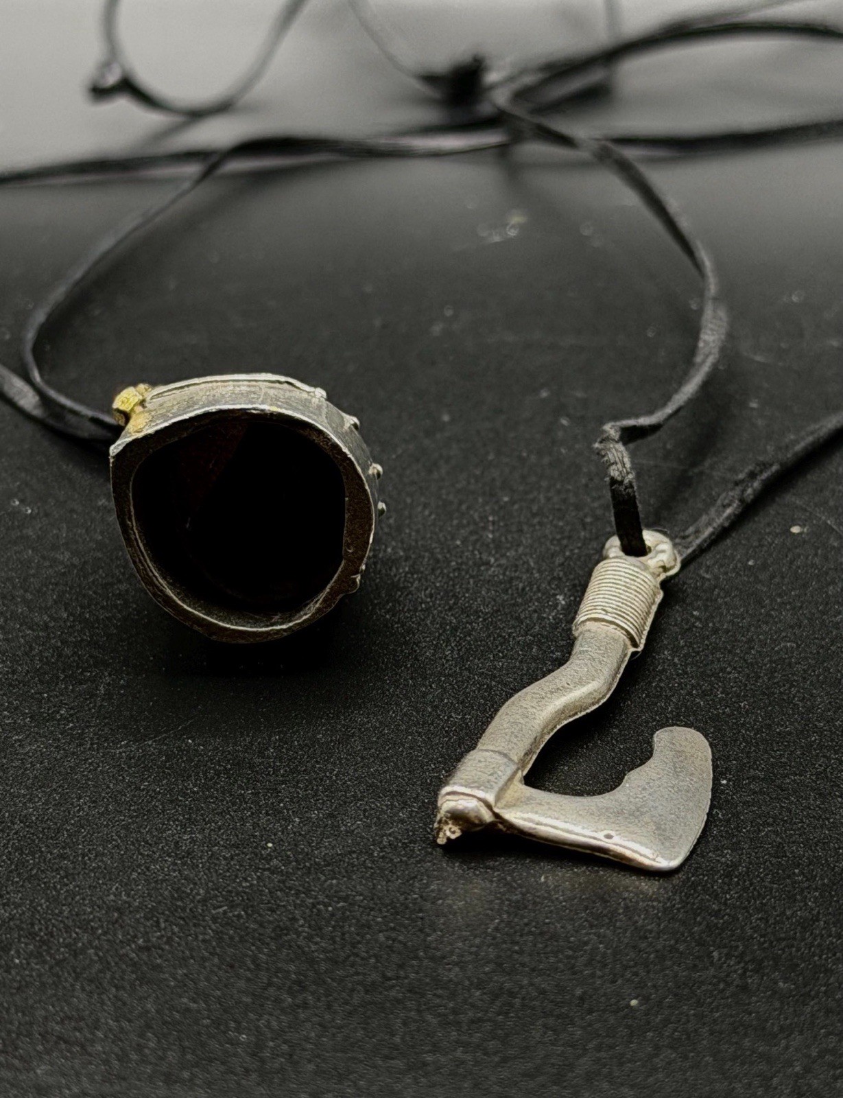 Medieval Silver Tone Helmet & Axe Charm Pendant Necklace on Black Cord No Clasp