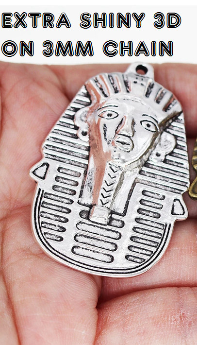 Large PHARAOH KING TUT EGYPTIAN 3D Pendant 26″ 925 Sterling Silver Necklace Men