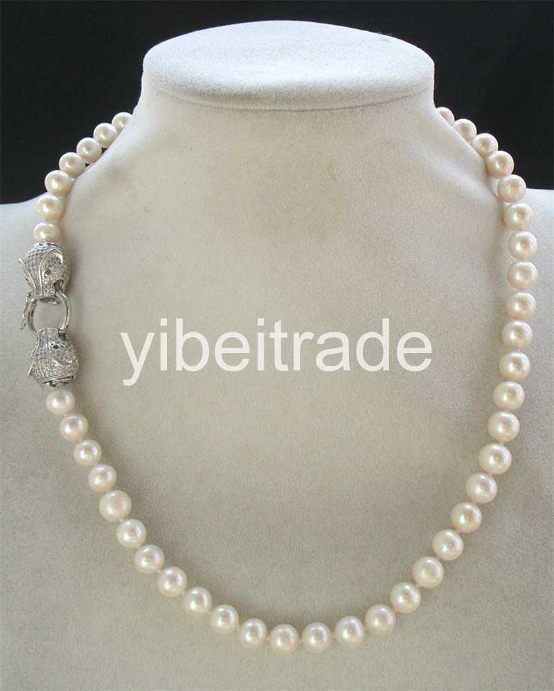 freshwater pearl white near round 9-10mm + leopard clasp necklace 18inch