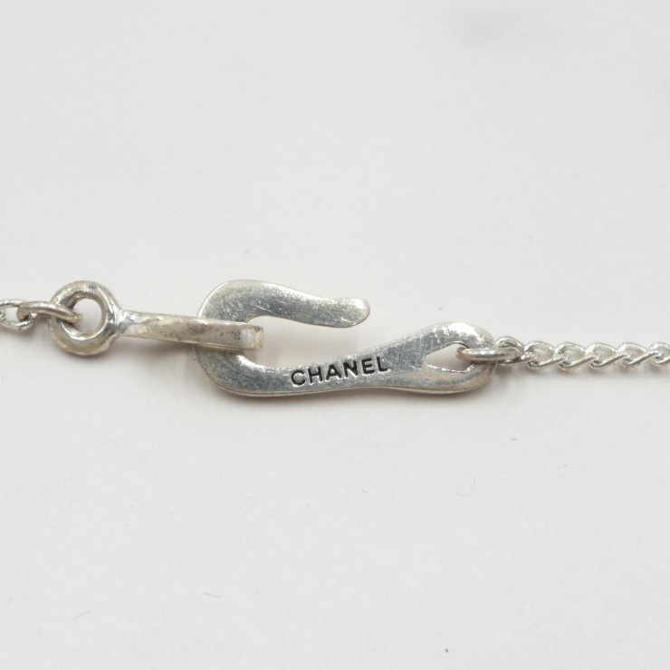CHANEL Coco Mark Pendant Necklace Silver Tone Clear Stone 42cm