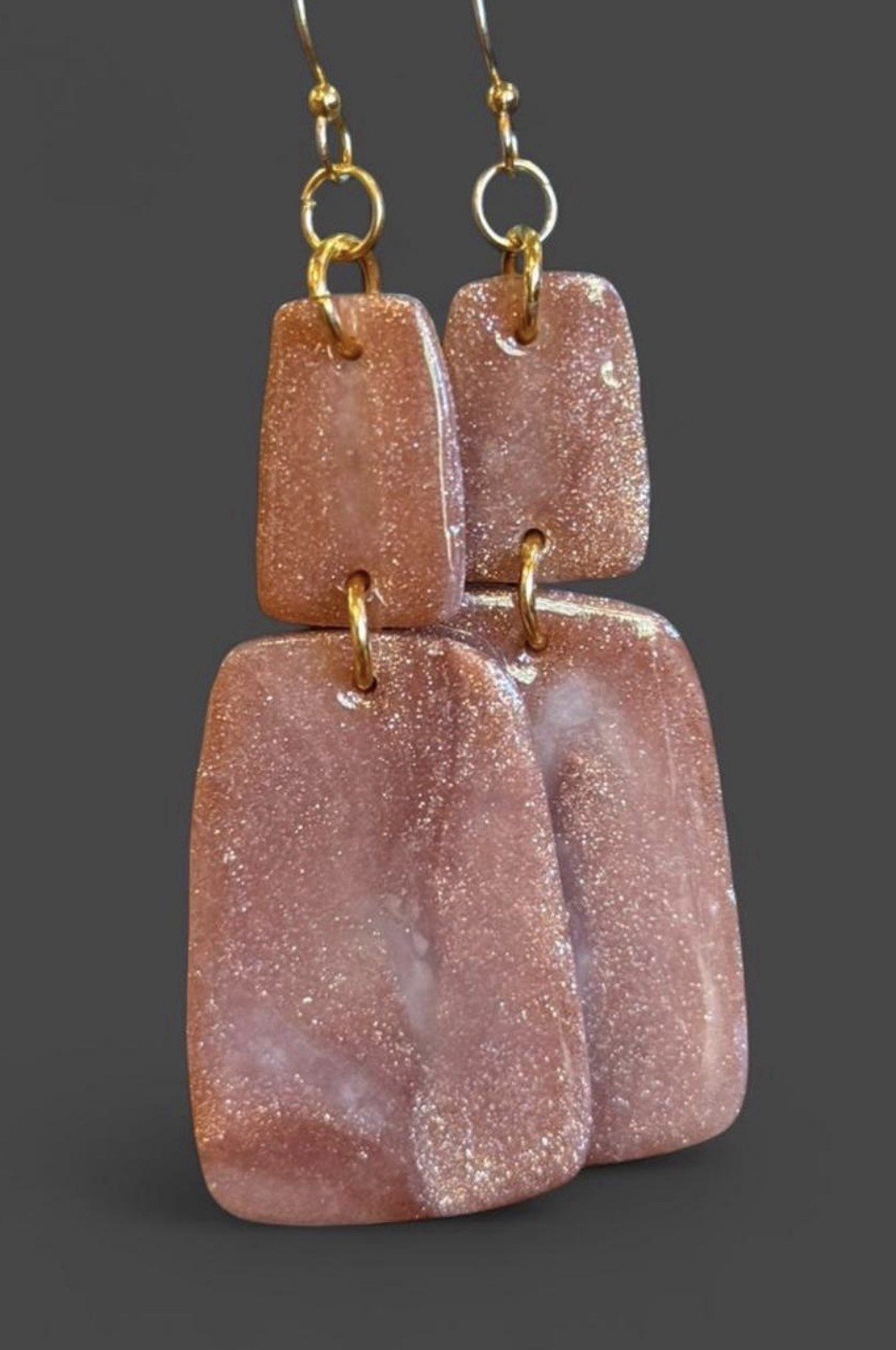 Gold Glitter Resin Rectangle Dangle Drop Hook Earrings 2.75 In No Stone