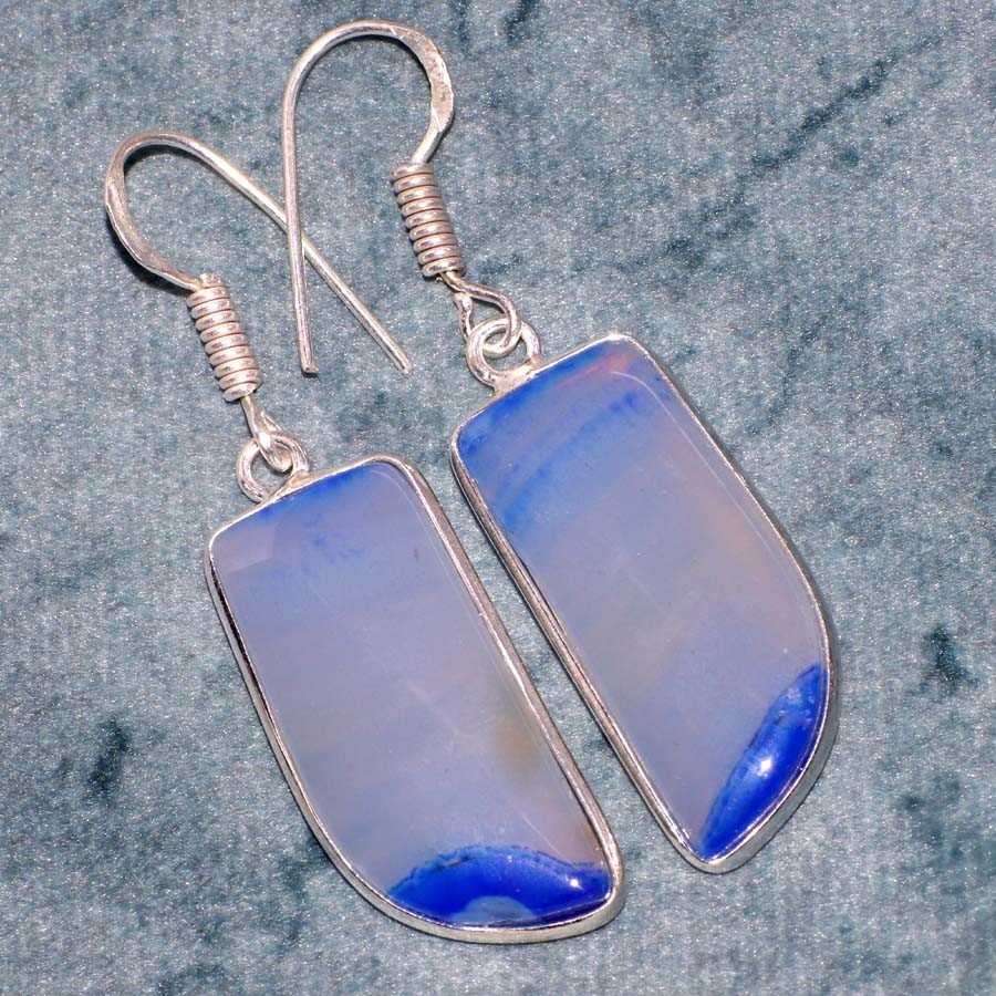 925 Silver Plated Blue Botswana Agate Earrings Jewelry Size 1.8″ JW