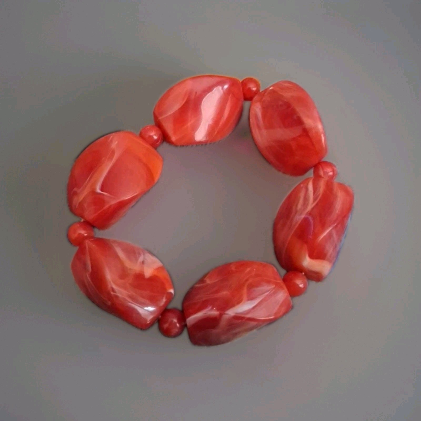 Vintage Chunky Red Acrylic Bead Stretch Bracelet Marbled Faux Coral Statement