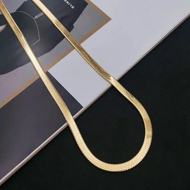 Silver color Gold Plated 4MM Flat chain Necklace for Women Luxury Fine