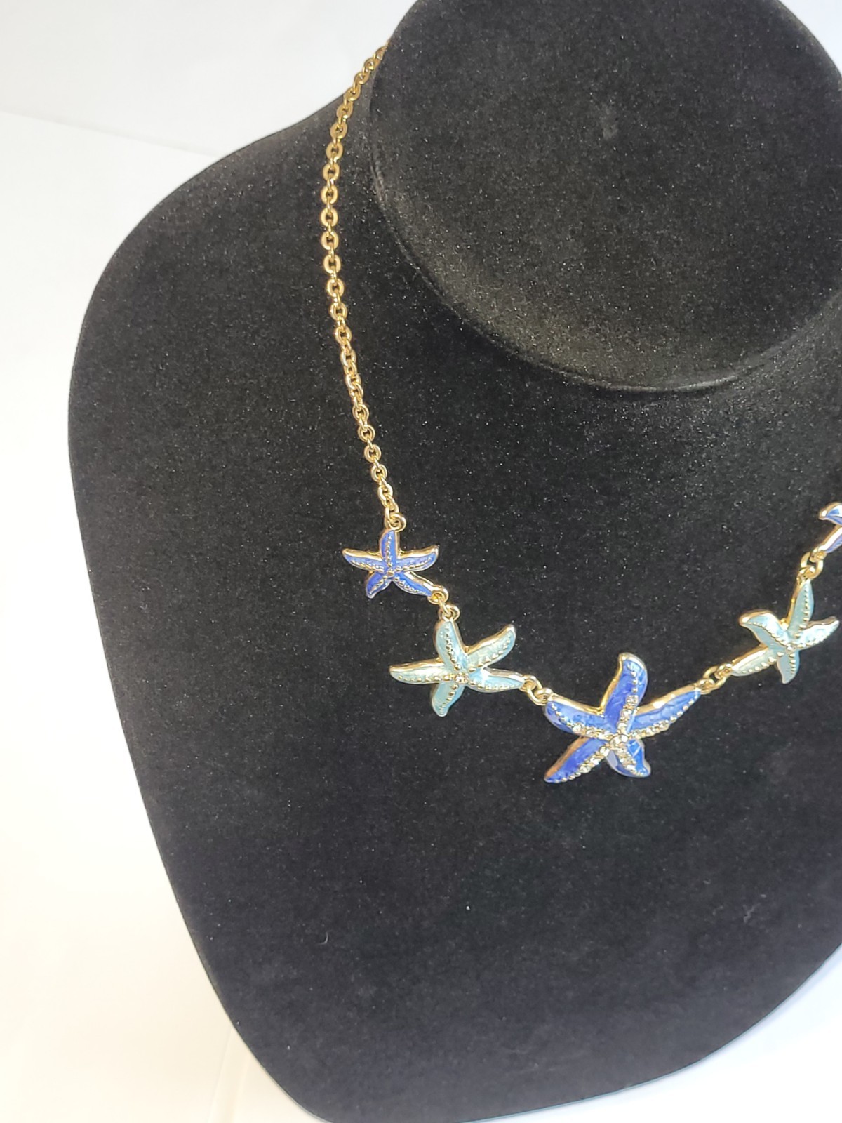Beach Starfish Necklace Gold Tone Blue Green Enamel Clear Rhinestone Ocean…