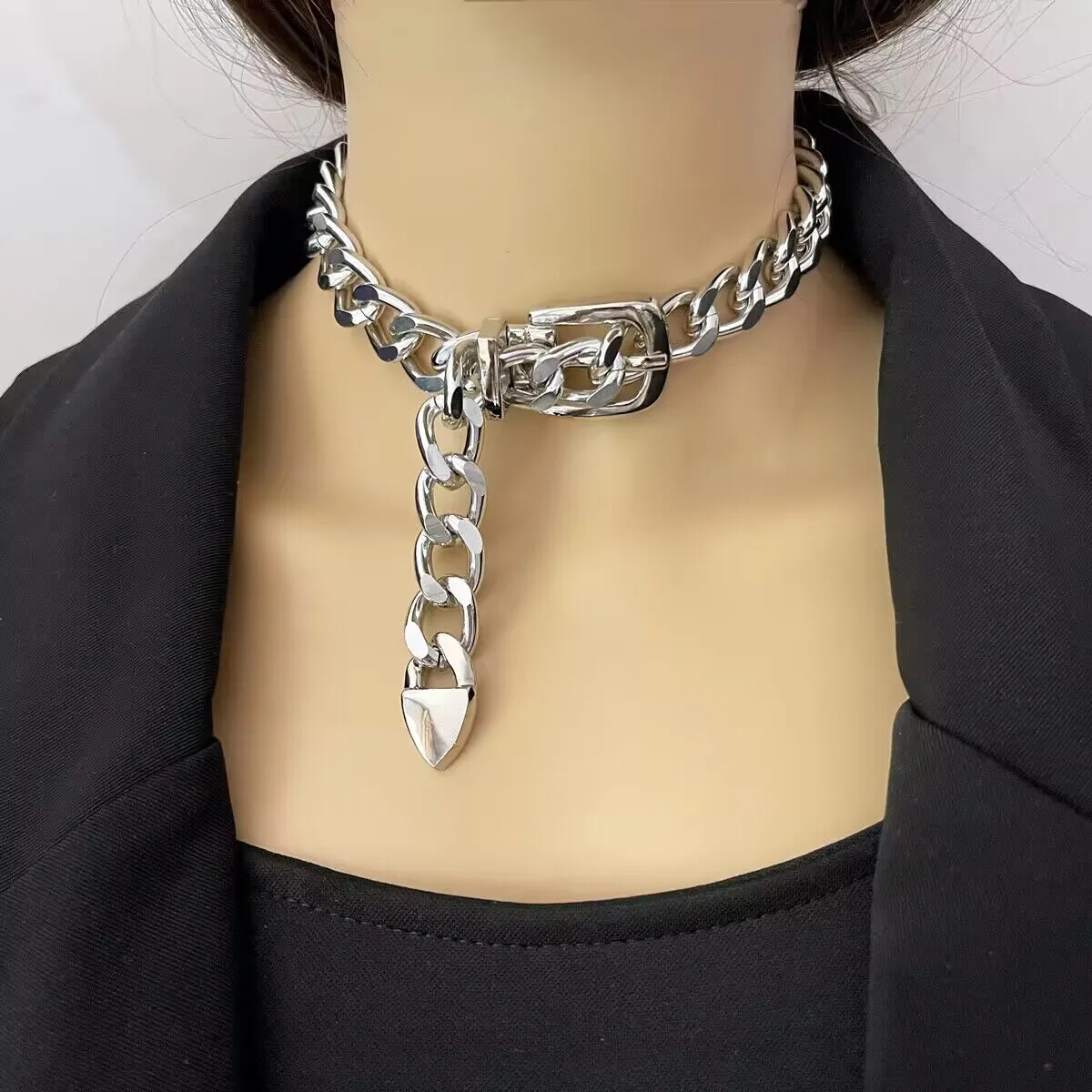 Women’s Belt Buckle Cuban Chunky Choker Necklace Silver Gold 88-1