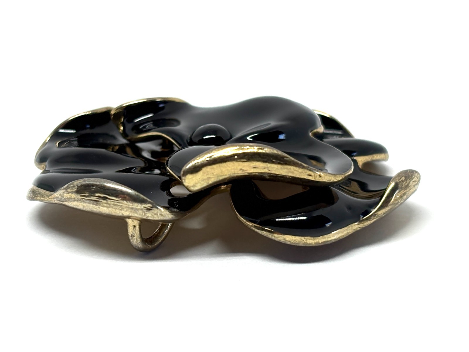 Large Black Enamel Gold Tone Flower Floral Camellia Pendant