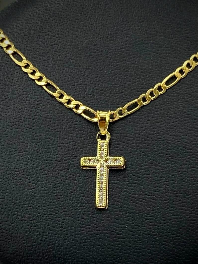 14K Gold Filled Tiny CZ Cross Pendant Necklace Womens 17x10mm Figaro Crucifix